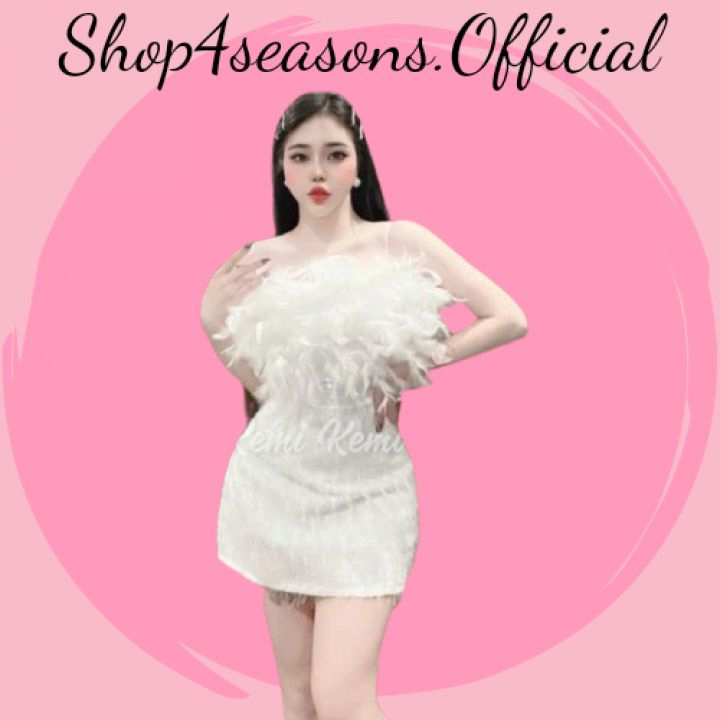 Váy lông vũ 2 dây cúp ngực body tôn dáng đầm dự tiệc thiết kế mới [Shop4seasonsOfficial]