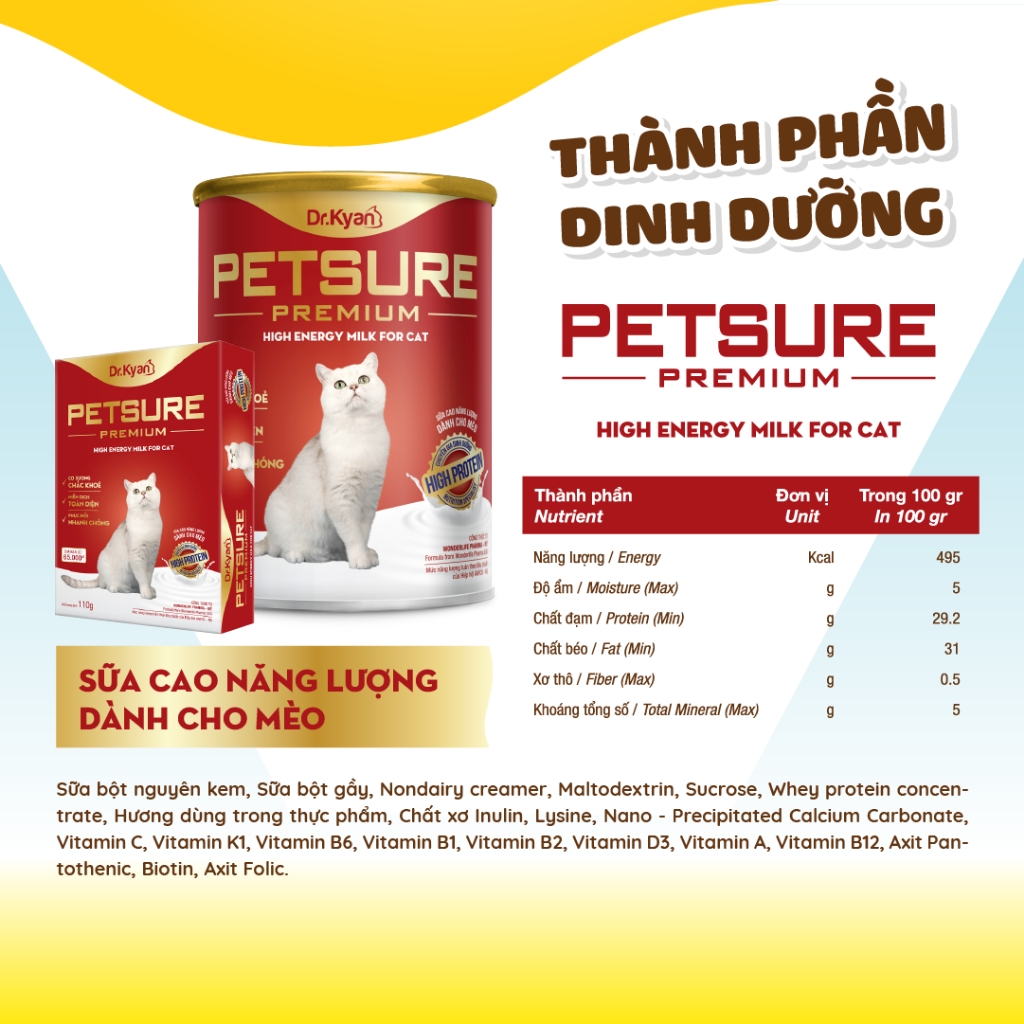 Dr.Kyan - Sữa bột PETSURE - Cao năng lượng cho mèo hộp 110g