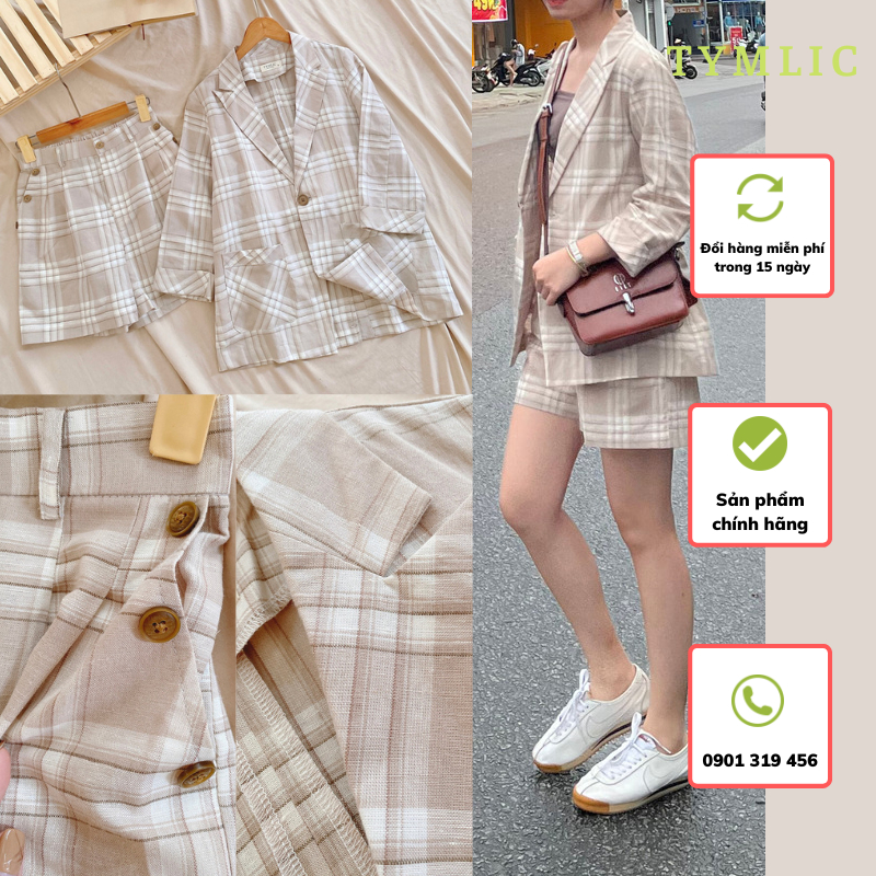 Set Áo Vest Quần Short Linen Tưng Pre Màu Caro TYMLIC (SET 498K)