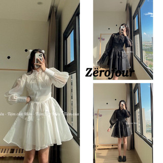 Váy xòe dáng ngắn cổ đan dây chất liệu voan dày dặn, đầm nữ babydoll thiết kế tay bồng phong cách ulzzang ZEROFOUR