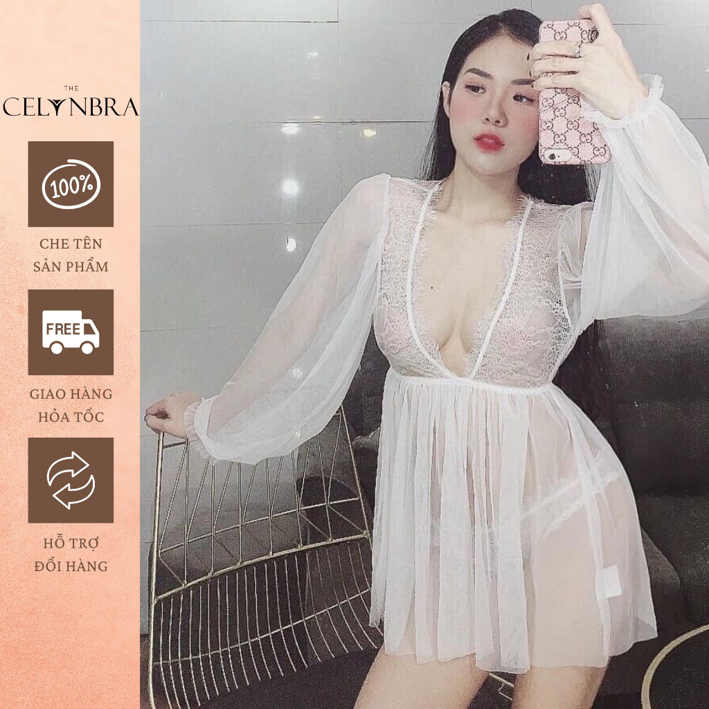 Bộ đồ ngủ voan phối ren xuyên thấu sexy cổ khoét sâu gợi cảm THE CELYNBRA - B40