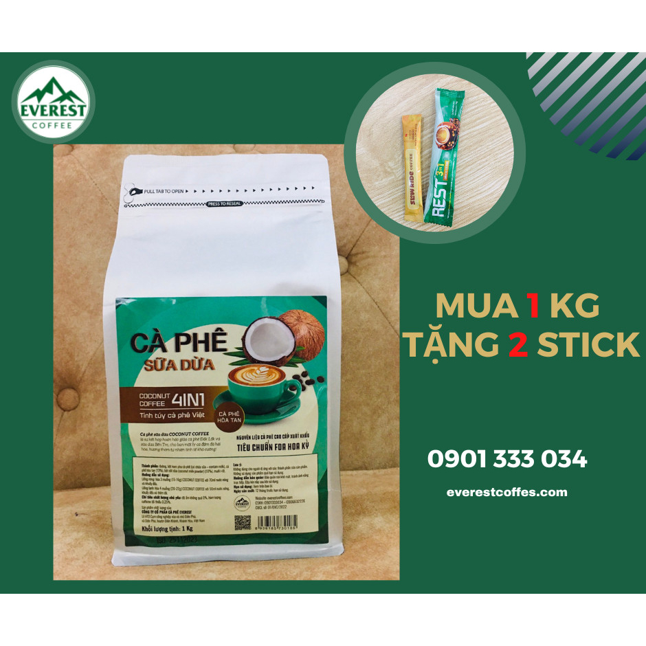 < Túi Zip 1Kg > Cà Phê Sữa Dừa 4IN1 COCONUT EVEREST COFFEES. Tiêu chuẩn FDA Hoa Kỳ. Hàng Việt Nam Chất Lượng Quốc Tế