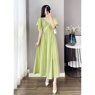 Váy Tơ Dáng Dài Chéo Ngực Chun Lưng Hàng Quảng Châu V4026