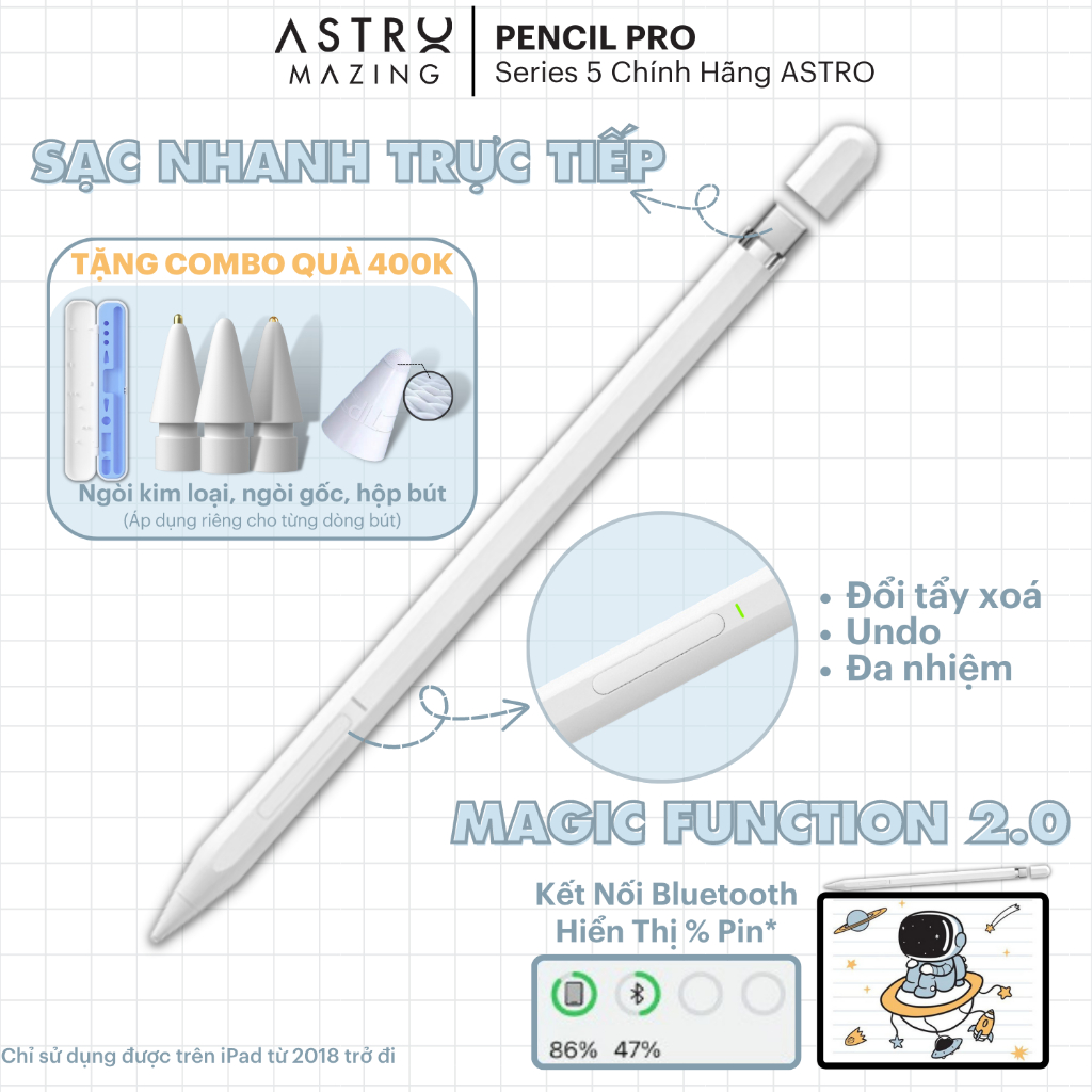 Bút cảm ứng Stylus cho iPad AstroMazing Pencil Pro 5 chống chạm nhầm dành cho iPad từ 2018 trở đi