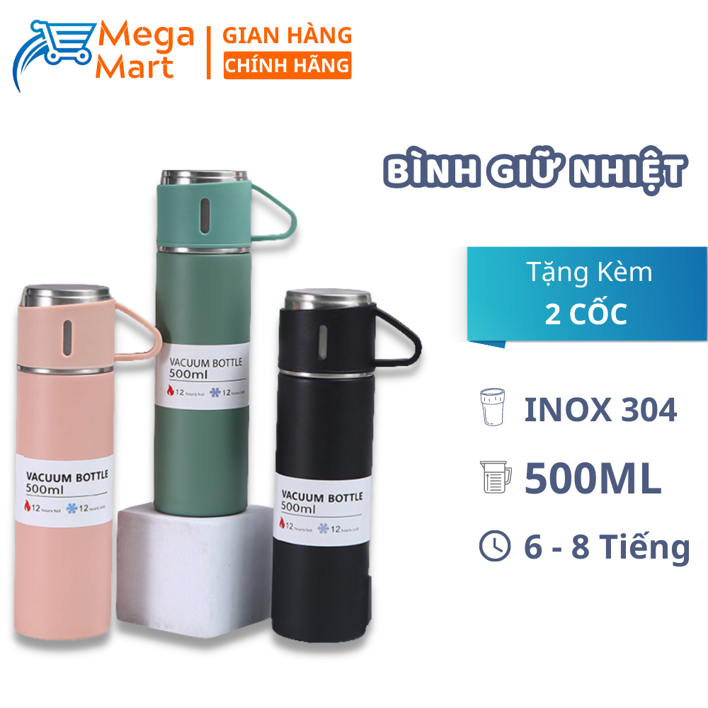 Bình Giữ Nhiệt Vacuum Bottle Inox 500ml, Tặng Kèm 2 Cốc, Thiết Kế Sang Trọng, Giữ Nhiệt Lâu - Bảo Hành 12 Tháng