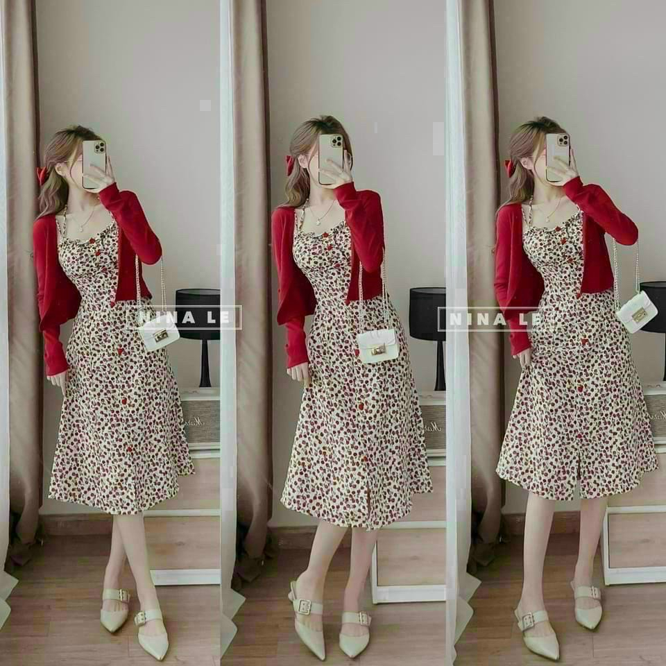 Set đầm hoa nhí hai dây dáng xòe midi kèm cúc mix áo khoắc dài tay duyên dáng, sang chảnh phù hợp đi chơi, dạ hội [908]