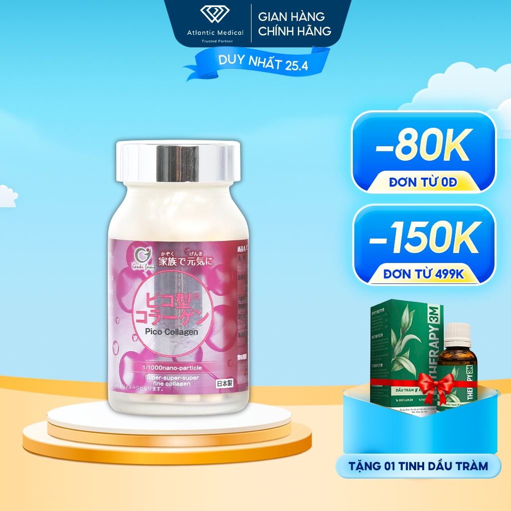 Viên Uống Pico Collagen GENKI FAMI Giúp Ngăn Ngừa Lão Hóa, Dưỡng Ẩm Và Làm Đẹp Da Hộp 1 Lọ 90/180 Viên