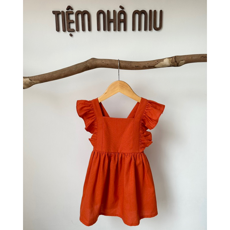 Váy trẻ em thiết kế cao cấp - Váy cánh tiên cam thắt nơ lưng - chất liệu vải Linen - cho bé gái 8-20kg (Ảnh thật 100%)