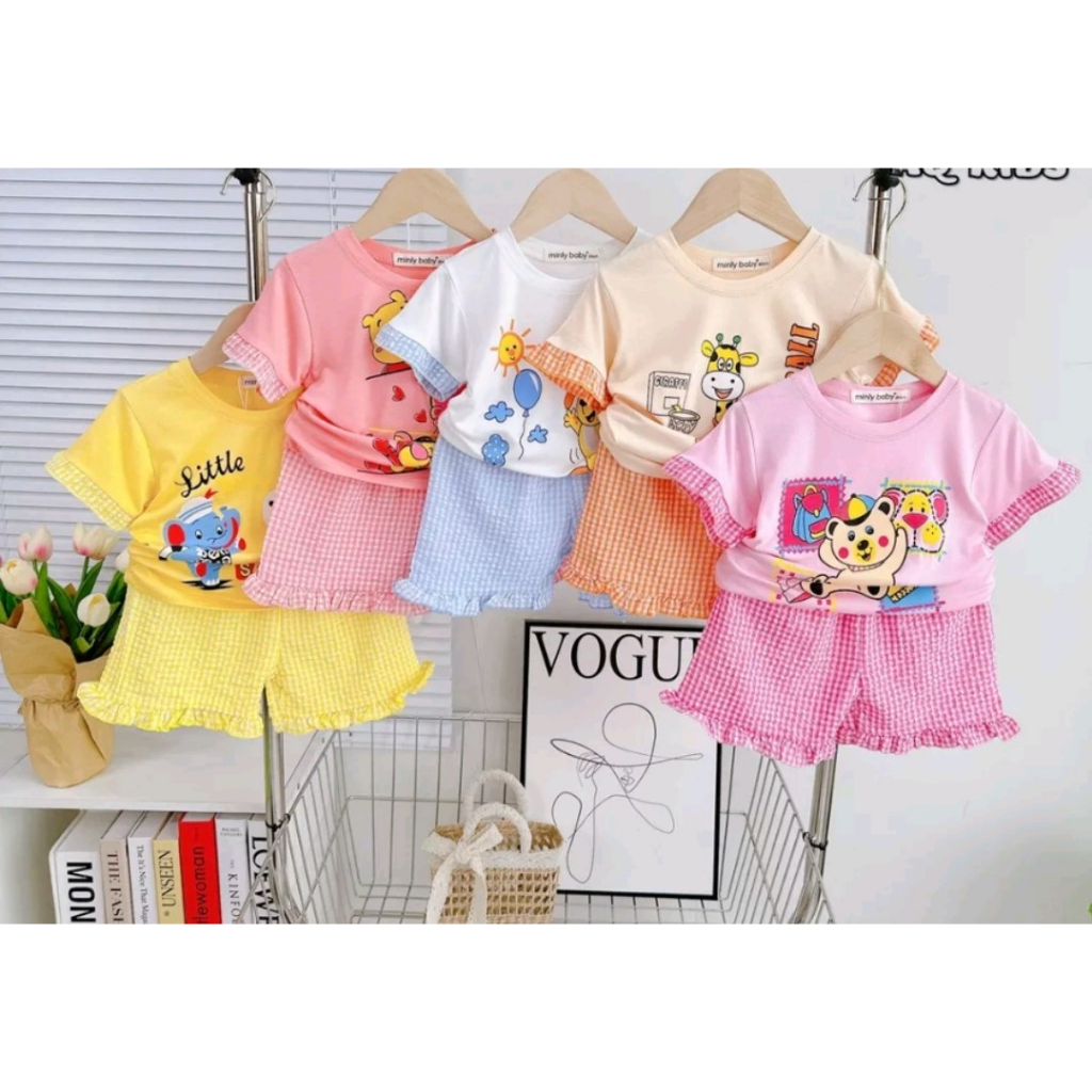 (21-26kg)Bộ cọc tay thun lạnh MinkyMom in áo quần caro tay bèo cho bé gái