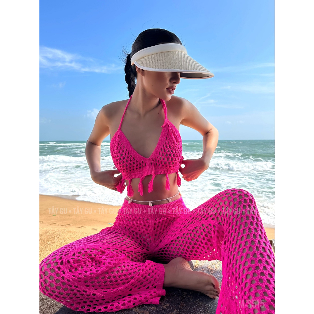 Bộ len móc xuyên thấu áo bikini đính tua rua quần suông dài - Tây Gu