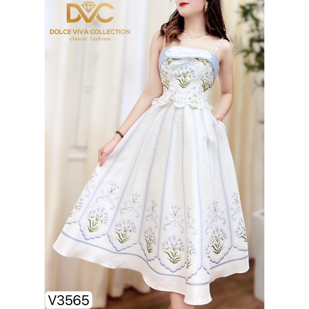VÁY 2 DÂY CÚP NGỰC HOẠ TIẾT CÂY LÁ XANH V3565- DVC