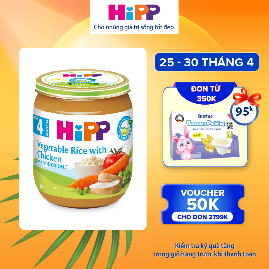 Dinh dưỡng đóng lọ ăn dặm Thịt gà, cơm nhuyễn, rau tổng hợp HiPP Organic 125g