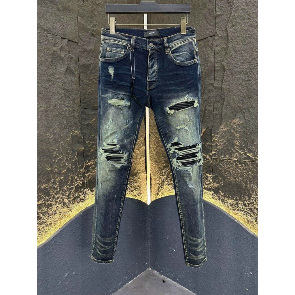 Quần Jean Nam Skinny Amiri 4 Cúc Màu Xanh Thẫm Mài Rách Xù Đùi Gối Vá Da Nhăn Gân Đen Ống Xếp Sóng