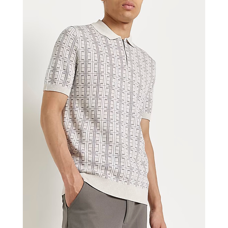 Áo polo River Island BEIGE SLIM FIT PRINT KNITTED size S
