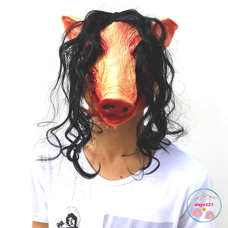 Mặt nạ HEO PIG SAW hoá trang CON LỢN tóc màu đen dài phù hợp halloween mặt nạ cá hacker