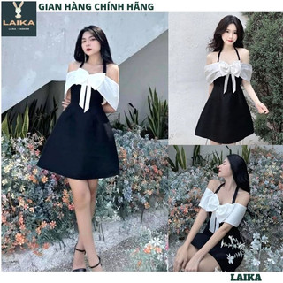 Váy trễ vai cổ yếm nơ ngực màu đen - đầm tiểu thư đi chơi dự tiệc trẻ trung hàn quốc sang chảnh laika v108