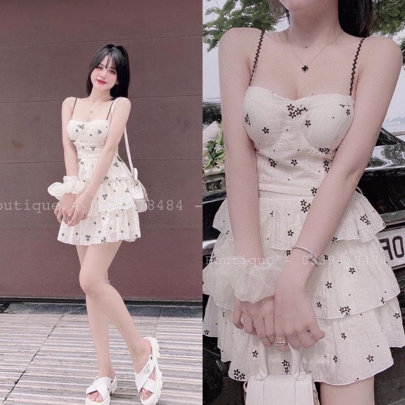 Đầm xòe 2 dây đi chơi đi biển xếp tầng in họa tiết ngôi sao mẫu có mút ngực thời trang nữ năng động trẻ trung 112