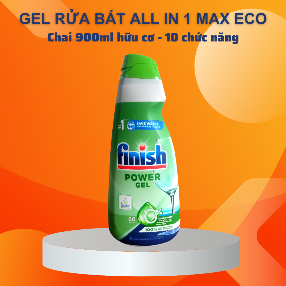 Gel rửa bát Finish All In 1 Max Eco 0% 900ml [Gel đủ loại] - Chính hãng