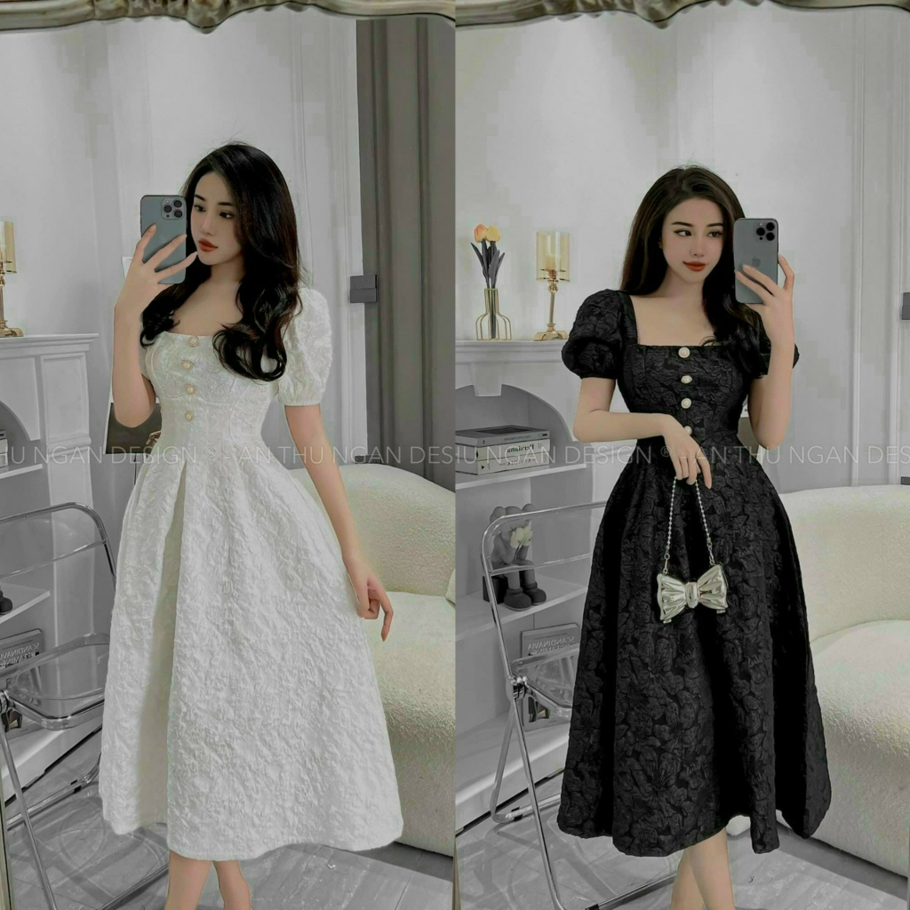 Đầm công chúa dáng midi ngắn tay xếp ly kèm khuy áo 2 màu xinh xắn, đáng yêu