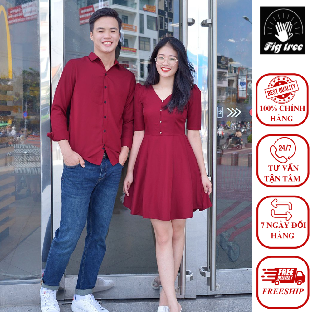 Set Sơ Mi Váy FIGTREE Màu Đỏ Đô Món Quà Ý Nghĩa Dành Cho Người Bạn Đời