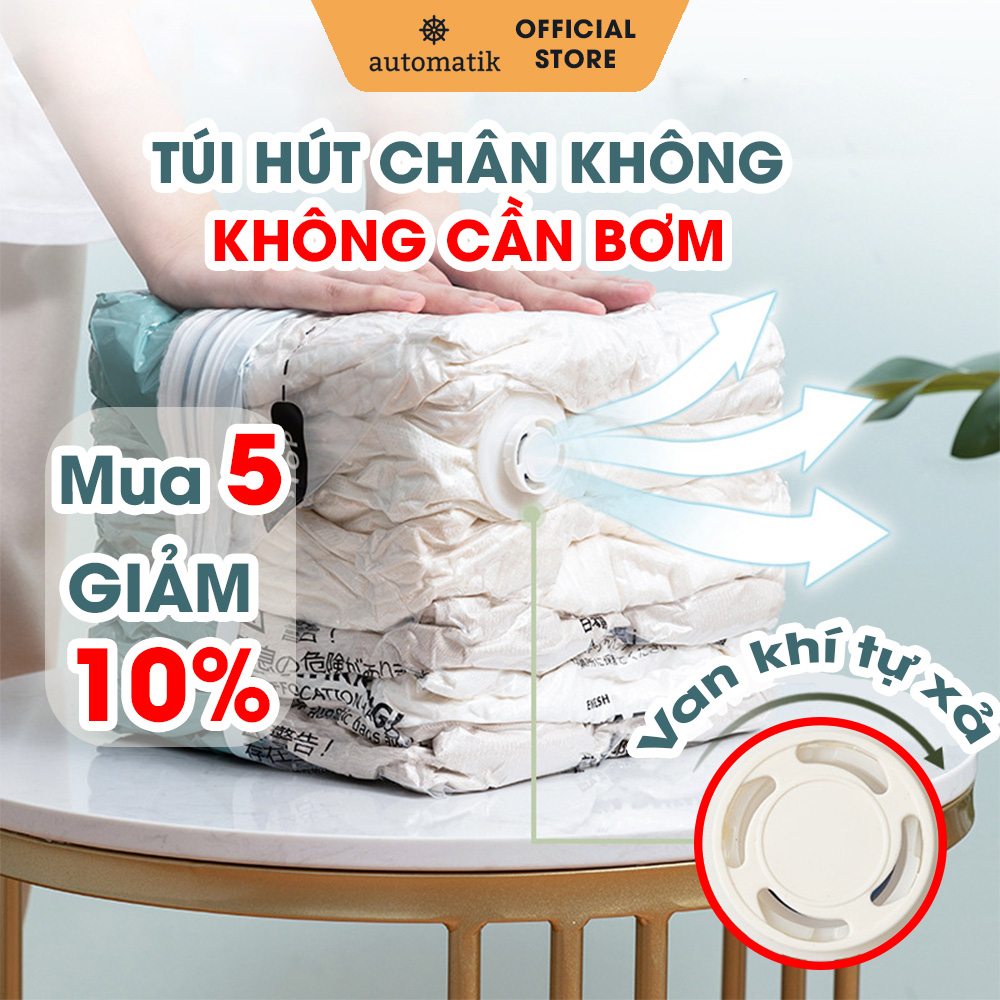 [KHÔNG CẦN BƠM] Túi Hút Chân Không Đựng Chăn, Quần Áo, 1 Mặt Nhám Có Móc Treo - Automatik