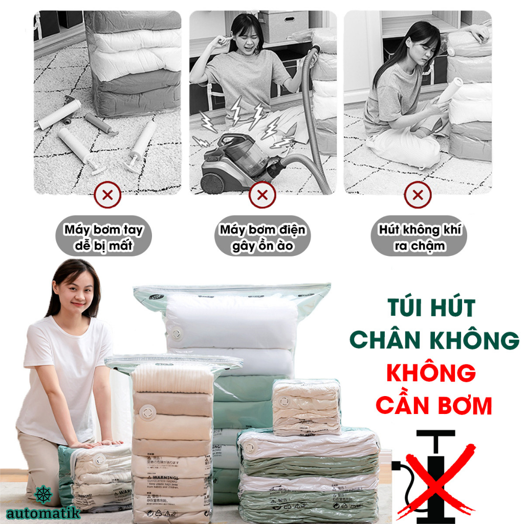 [KHÔNG CẦN BƠM] Túi Hút Chân Không Đựng Chăn, Quần Áo, 1 Mặt Nhám Có Móc Treo - Automatik