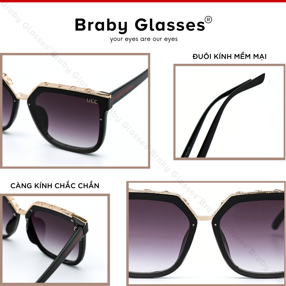 Kính râm mát nam nữ mắt vuông sang trọng chống tia UV Braby Glasses gọng nhựa họa tiết kim loại cao cấp KR15