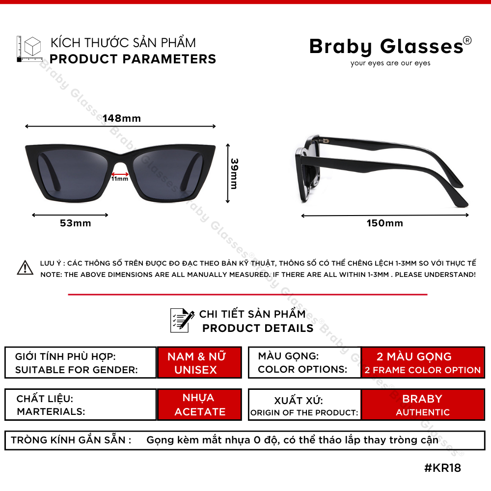 Kính râm mát nam nữ mắt vuông thời trang chống tia UV Braby Glasses gọng nhựa cao cấp sang trọng KR18