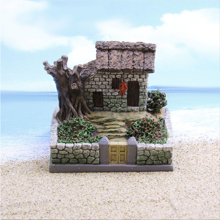 Mô hình nhà nông thôn với cổng đá trang trí terrarium, tiểu cảnh chậu cây