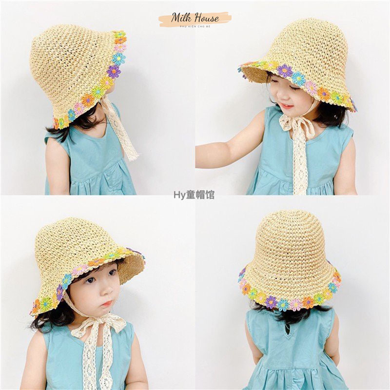 Nón mũ cói viền hoa thắt nơ phong cách hàn quốc cho bé từ 1 đến 6 tuổi