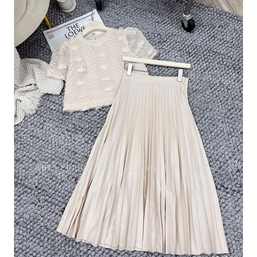 Sét Áo Croptop lưới đính hoa mix chân váy xếp ly dáng dài sang trọng ( kèm ảnh thật )
