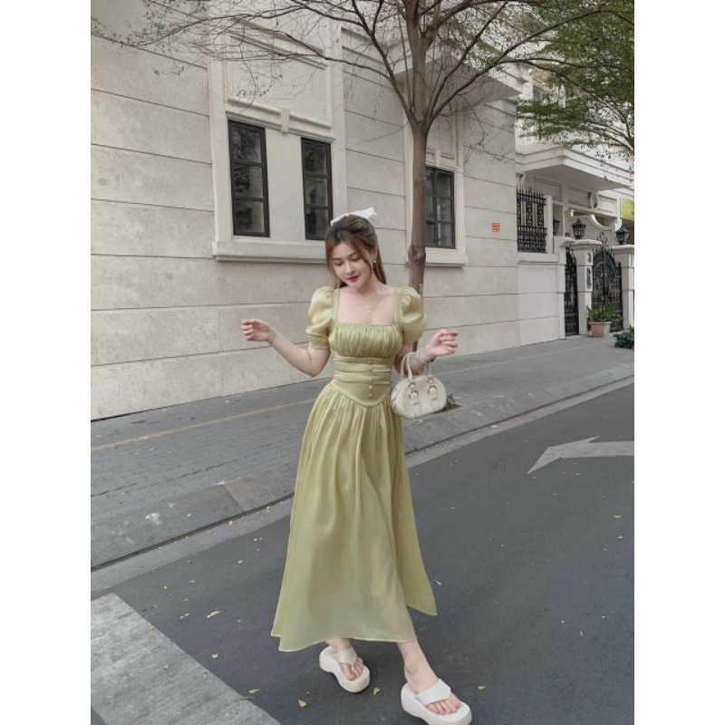 Váy tơ ánh kim dáng dài nút bọc HT05