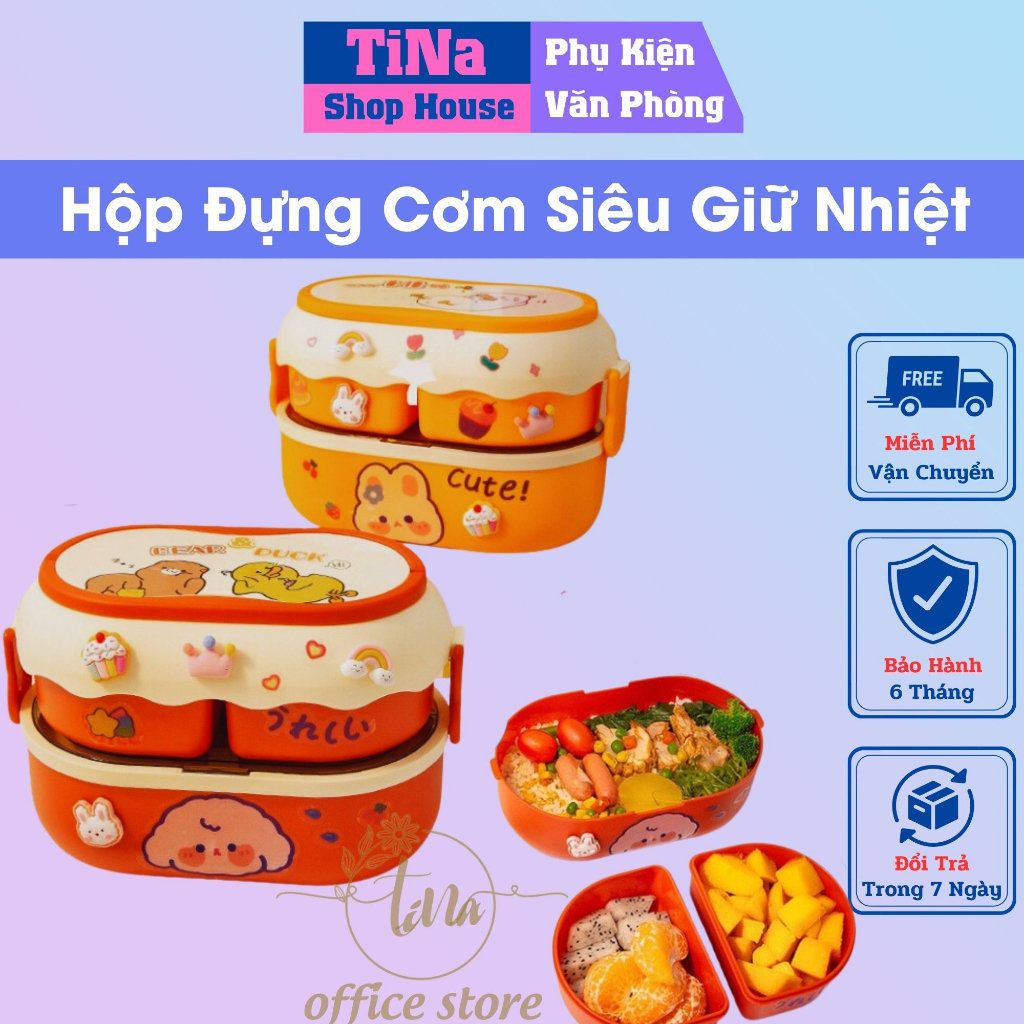 - Cặp Lồng Giữ Nhiệt Tặng Kèm Thìa Đũa và Sticker Sử Dụng Được Lò Vi Sóng