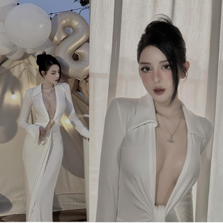 Đầm cổ đức xẻ ngực thắt vạt dáng dài hà hồ mai phương bùi