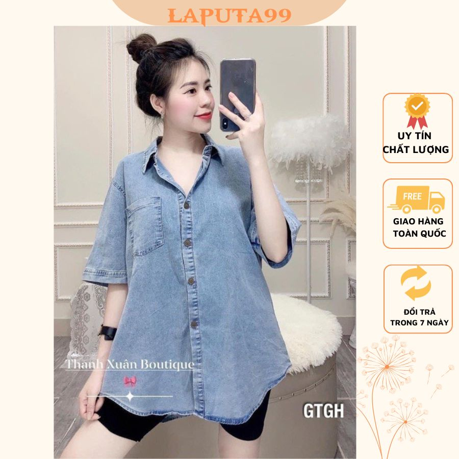 Áo sơ mi jeans cộc tay túi trước Áo sơ mi bò chất liệu Denim dáng rộng freesize 60kg màu xanh Laputa99