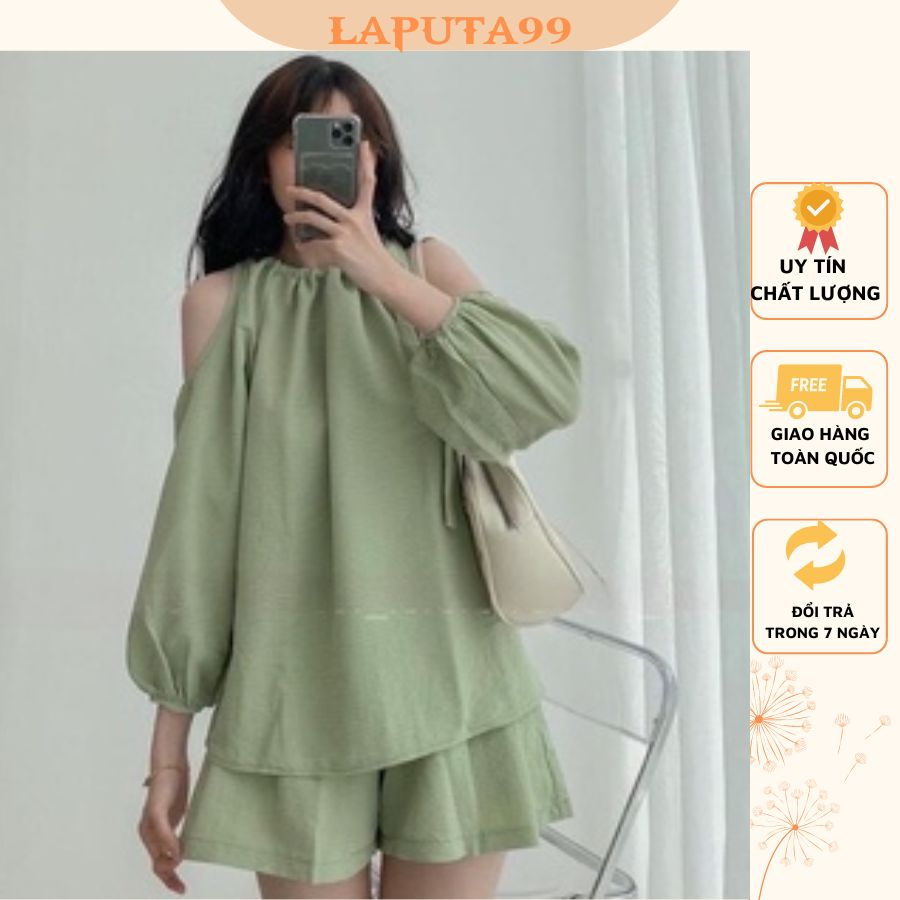 Bộ Áo Khoét Vai Dài Tay Bo Chun Kèm Quần Short Ống Rộng Vải Đũi Xốp 2 Màu Be Xanh Freesize 55kg Laputa99
