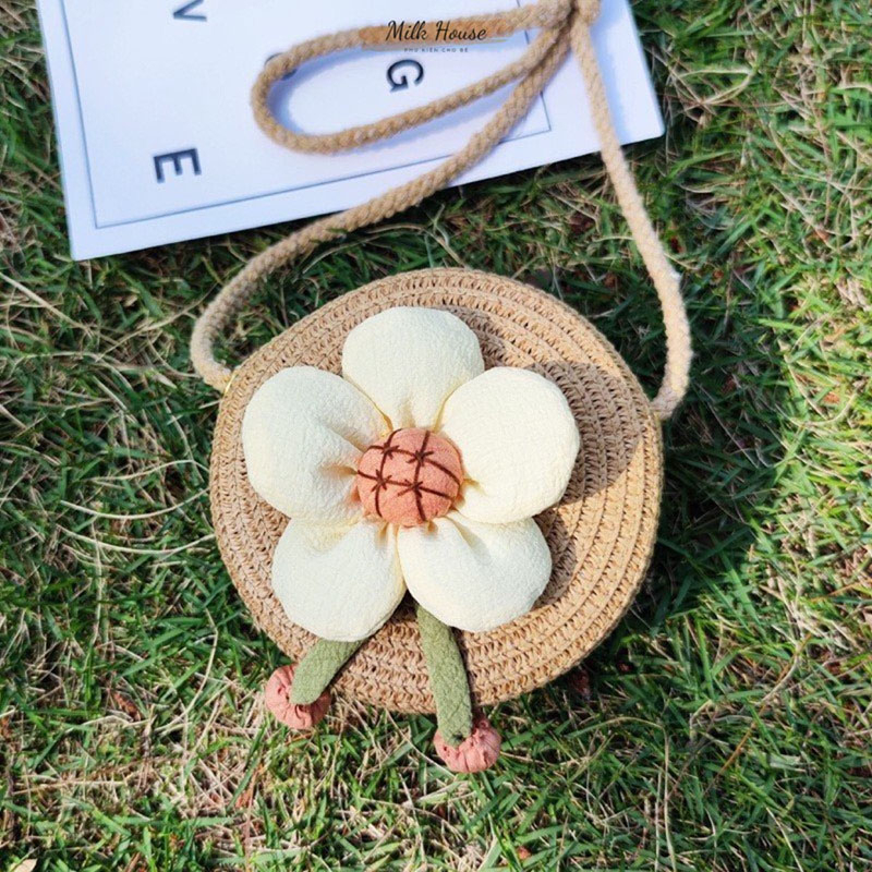 Túi cói đeo chéo mini đính hoa thời trang mùa hè cho bé gái kích thước 12cm