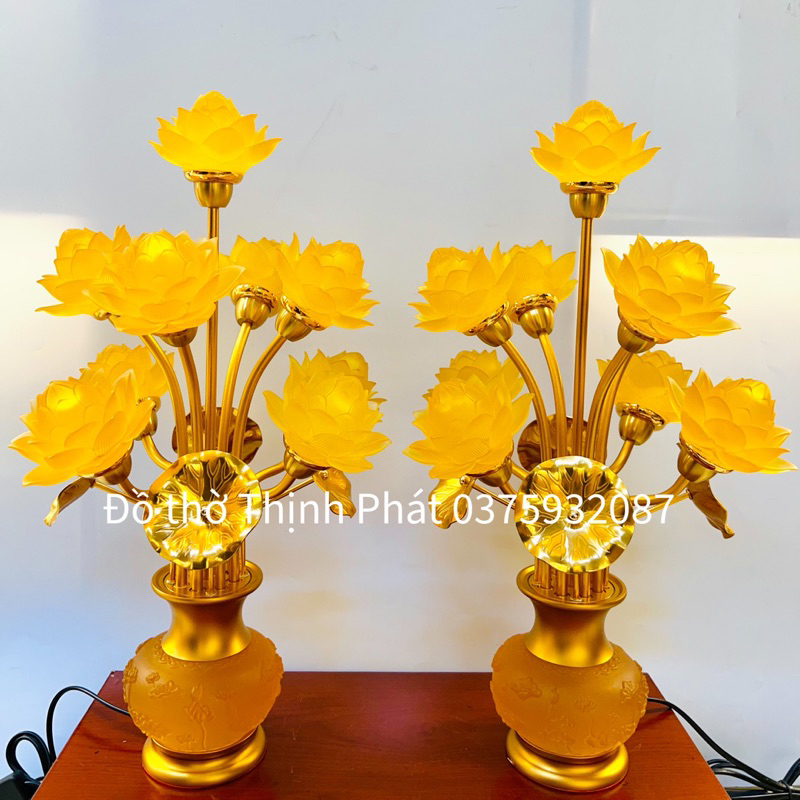Cặp đèn thờ hoa sen lưu ly cao cấp, Đèn thờ hoa sen led vàng hoặc đổi màu độ bên cao