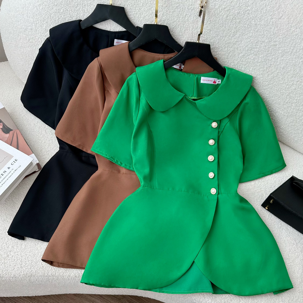 Áo Kiểu Nữ Bigsize ,Áo Peplum Nữ Cổ Lá Sen Tay Ngắn Phối Nút Chất Cotton 3 Màu Dễ Phối Đồ Đủ Size 50-90kg