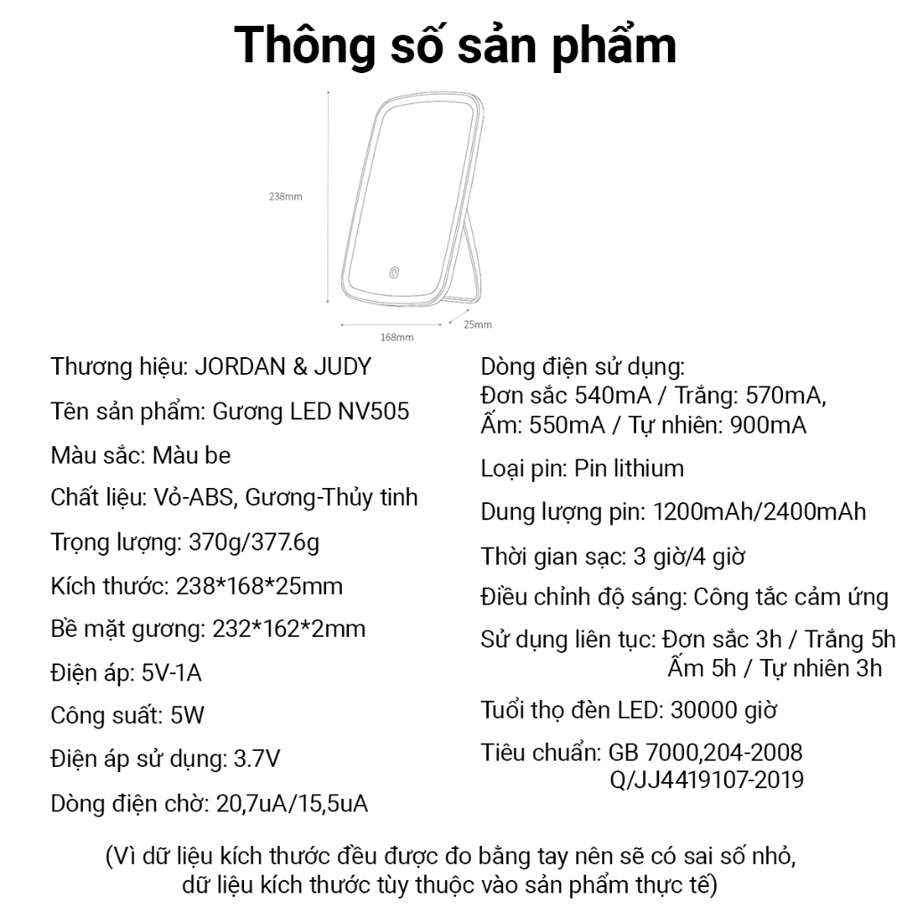 Gương Gập Để Bàn Trang Điểm Đèn LED Jordan Judy NV026 1 Màu Ánh Sáng / NV505 3 Màu Ánh Sáng