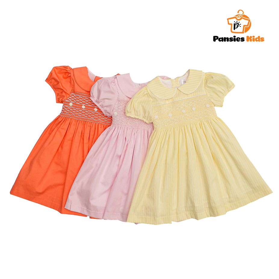 Váy đầm smock bé gái mùa hè cotton cao cấp váy móc xích tiểu thư màu hồng