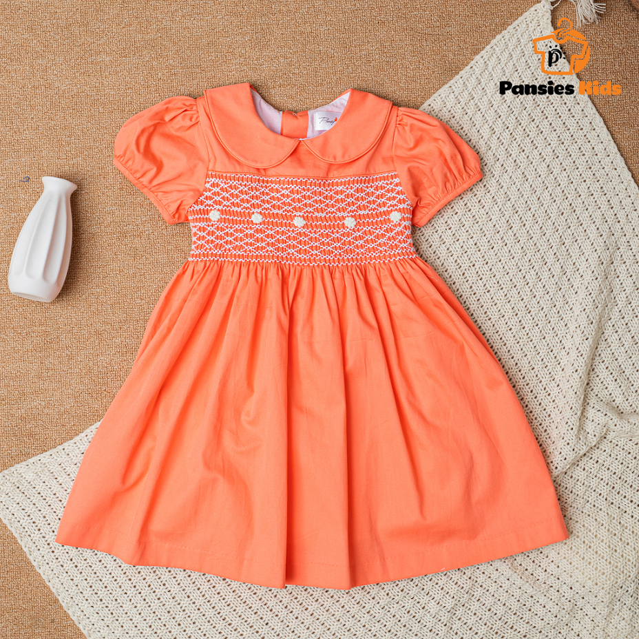 Váy đầm smock bé gái mùa hè cotton cao cấp váy móc xích tiểu thư màu hồng