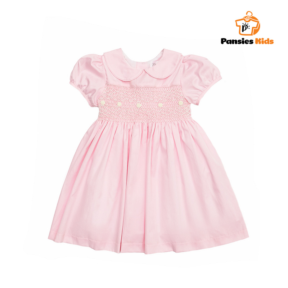 Váy đầm smock bé gái mùa hè cotton cao cấp váy móc xích tiểu thư màu hồng