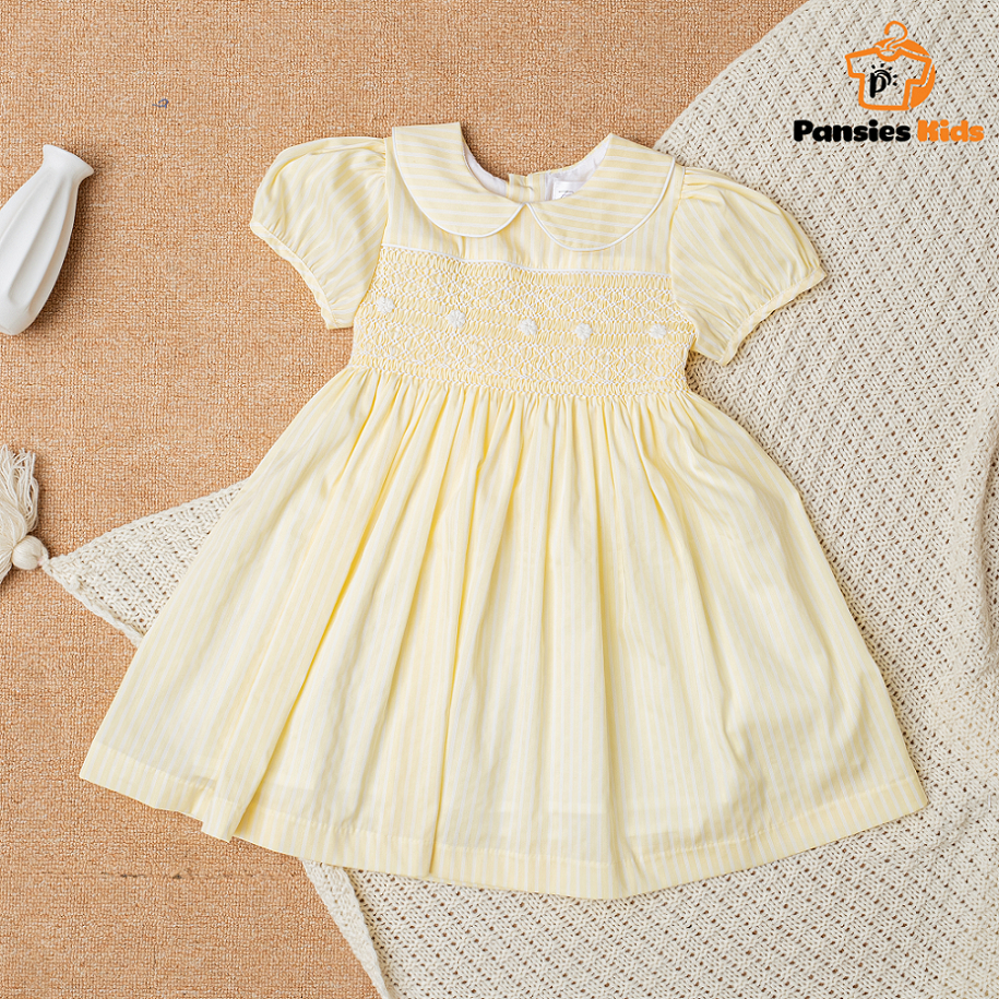 Váy đầm smock bé gái mùa hè cotton cao cấp váy móc xích tiểu thư màu hồng