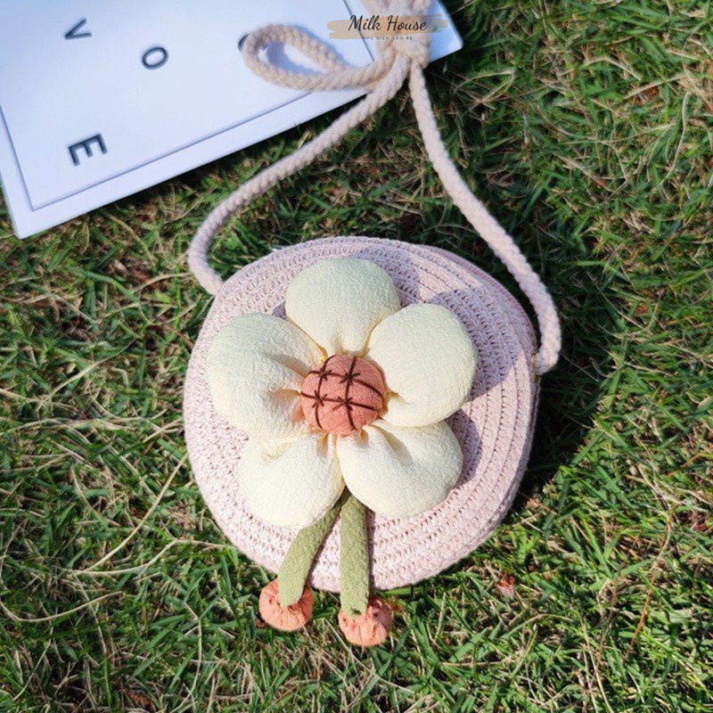 Túi cói đeo chéo mini đính hoa thời trang mùa hè cho bé gái kích thước 12cm