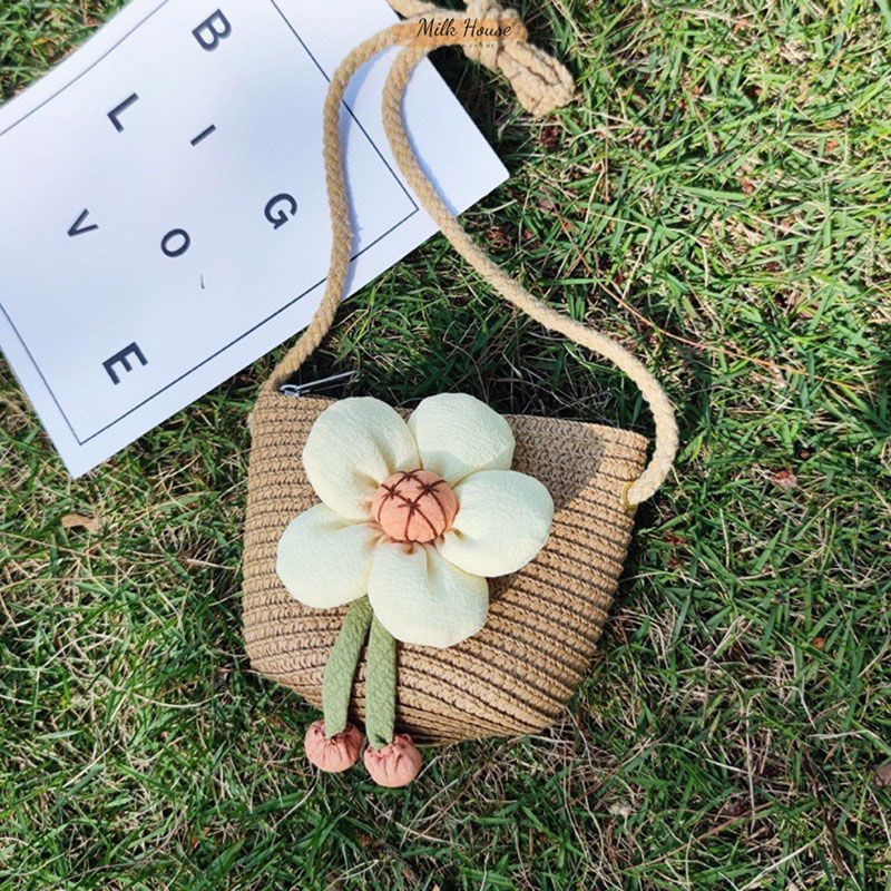 Túi cói đeo chéo mini đính hoa thời trang mùa hè cho bé gái kích thước 12cm