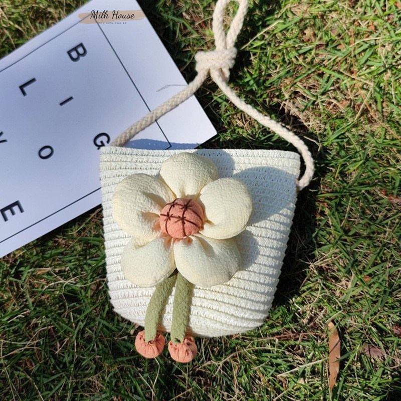 Túi cói đeo chéo mini đính hoa thời trang mùa hè cho bé gái kích thước 12cm