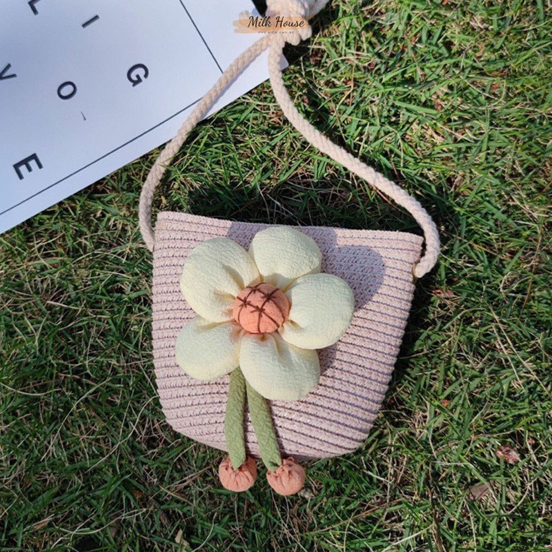 Túi cói đeo chéo mini đính hoa thời trang mùa hè cho bé gái kích thước 12cm