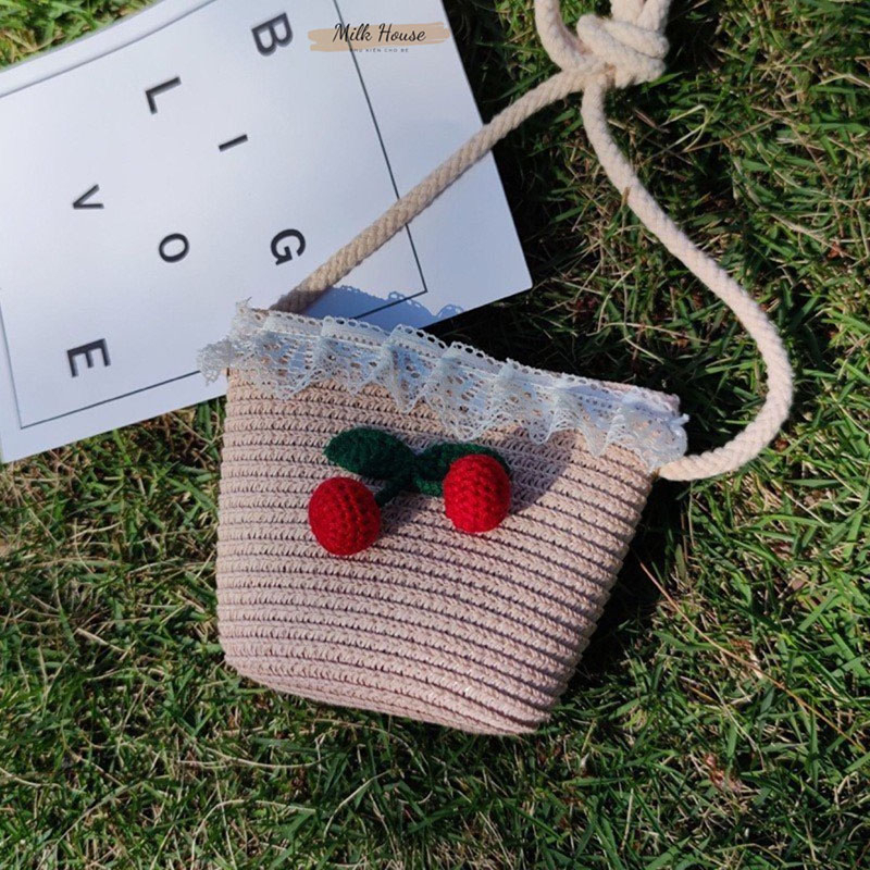 Túi cói đeo chéo mini đính hoa thời trang mùa hè cho bé gái kích thước 12cm