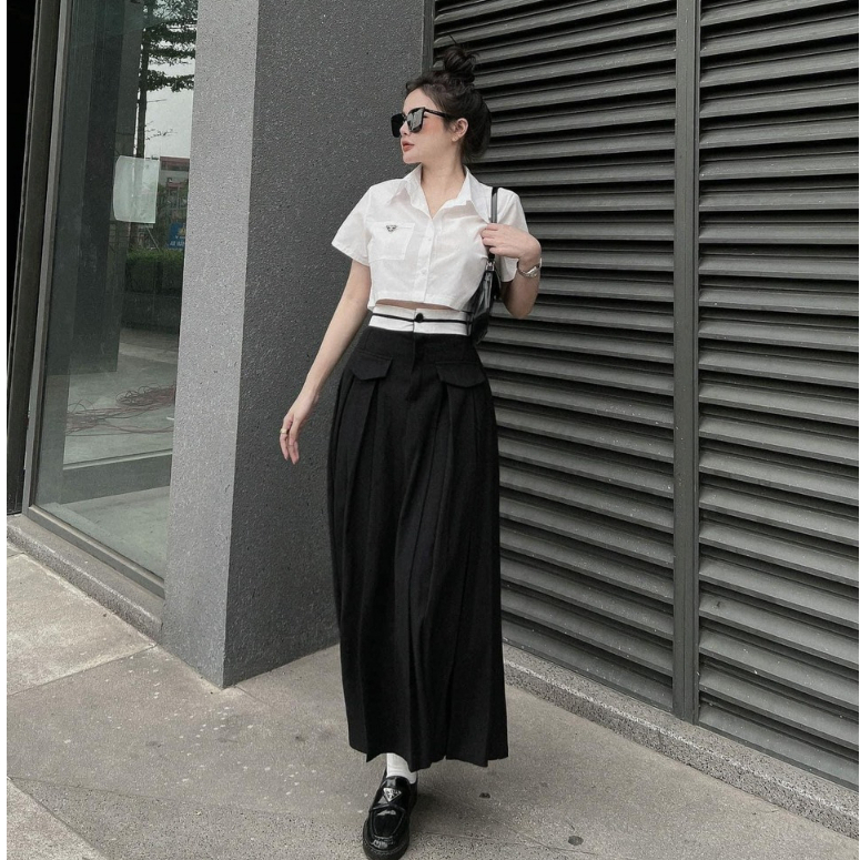 Set đồ nữ sang chảnh áo sơ mi trắng croptop phối chân váy dáng dài xòe thời trang công sở năng động trẻ trung LEVAN